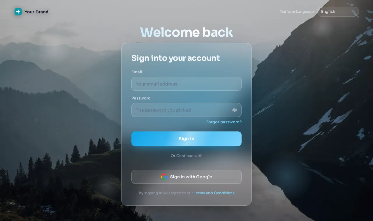 GoHighLevel login page in the Frosted photo design: a full-screen mountain photo behind a clear glass sign-in card