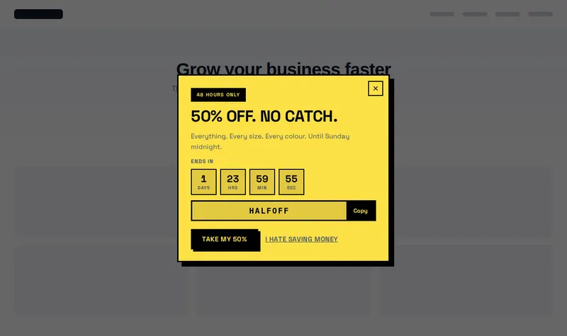 Brutalist mega sale popup on a sample website: yellow card, heavy black borders, a countdown and a coupon code