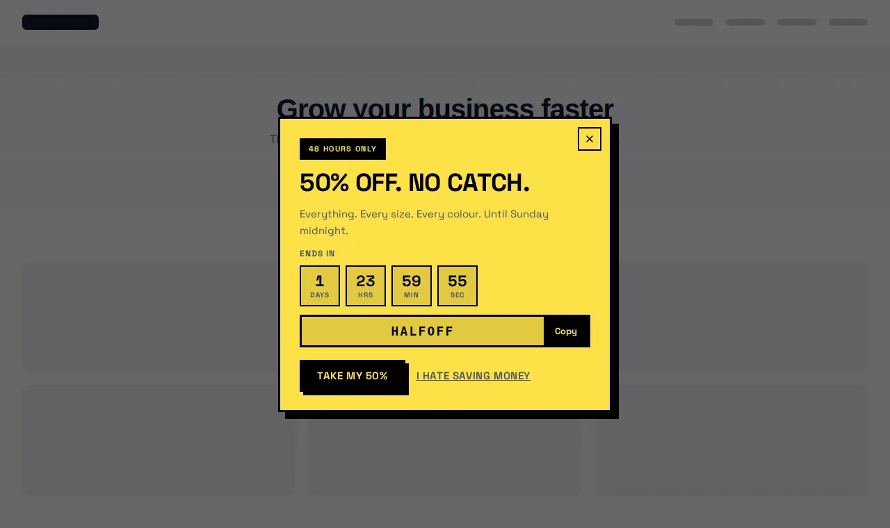 Brutalist mega sale popup on a sample website: a yellow card with heavy black borders, a countdown, a coupon code and a hard-shadow button