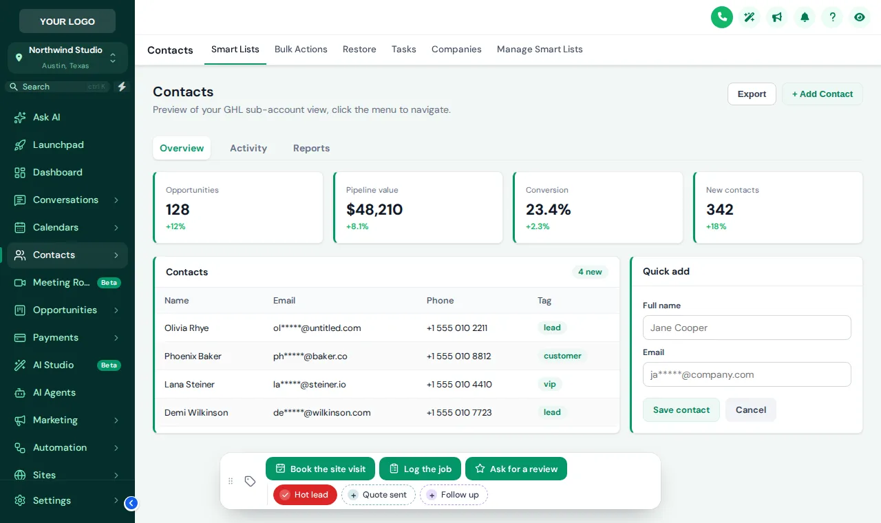 GoHighLevel contact record with a floating actions bar of colour-coded quick tags and three custom buttons
