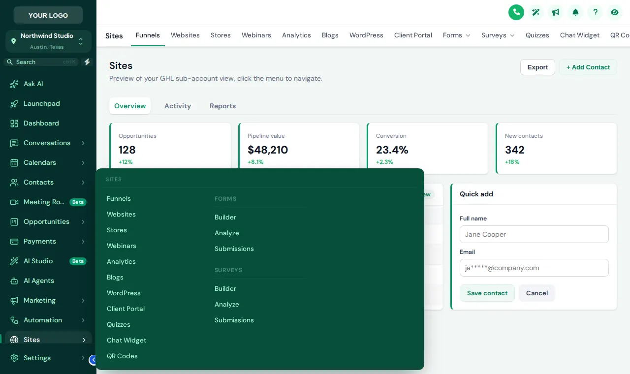 GoHighLevel sidebar in the Forest Finance theme with a columns-style mega menu open over the Sites section
