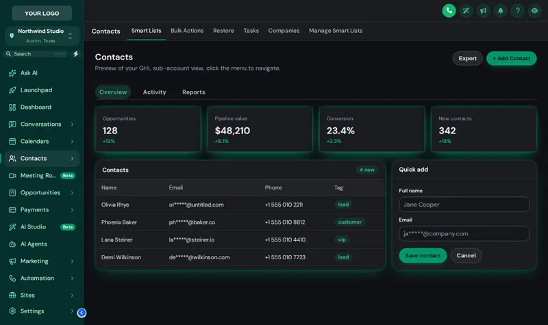 GoHighLevel contacts page in dark mode with the Halo Glow UI kit: dark cards with a soft glowing edge