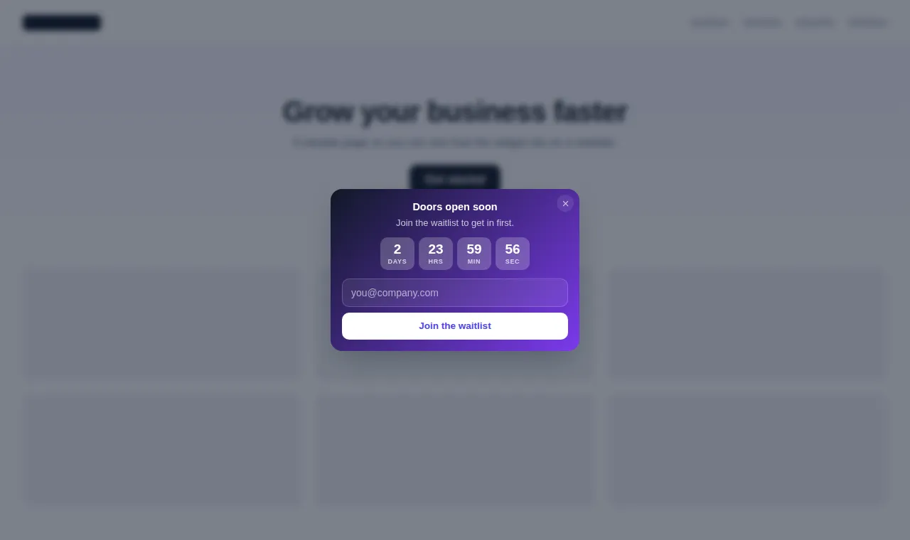 Launch waitlist notification: a countdown timer with an email field and a join button, shown as a modal on a sample website