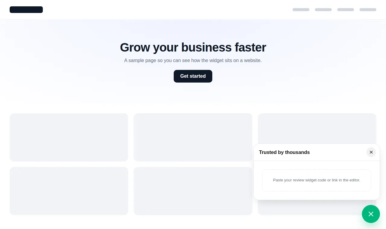 Floating reviews widget open on a sample website: a round green launcher and a Trusted by thousands panel ready for a Trustpilot or Google review embed